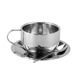OUKEAI 歐式咖啡杯三件式裝304不鏽鋼雙層防燙馬克杯奶茶杯下午茶杯碟套裝