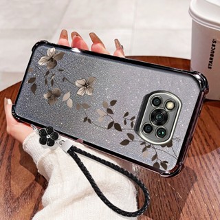 XIAOMI YBD 適用於小米 POCO X3 Pro POCO X3 NFC 手機殼漸變閃鑽藤蔓人送花編織繩