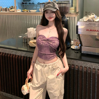 韓版夏季新品街頭潮流時尚套裝女裝緊身紫色蕾絲抹胸上衣+高腰鬆緊帶闊腿長褲兩件套