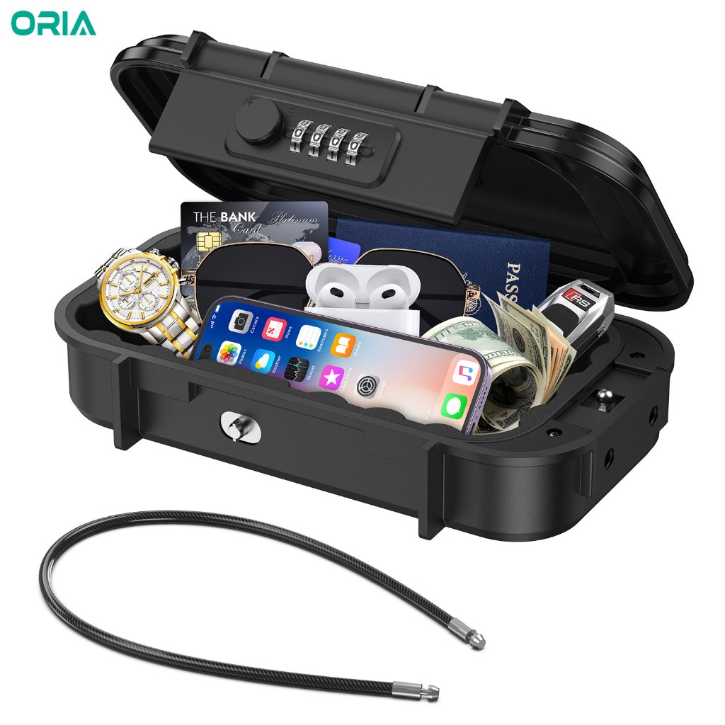 ORIA 便攜式保險箱儲物盒 4 位數組合安全鎖盒,帶可拆卸鋼絲繩,適合家庭辦公室酒店旅行