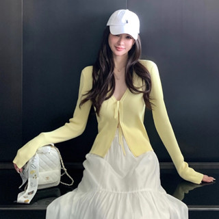 實拍現貨 韓系純欲風V領抽繩針織衫長袖小外套女春緊身顯瘦上衣 女生針織外套 薄款針織衫 防曬針織小外套 性感針織小外套