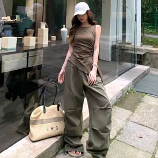 韓版夏季新品街頭潮流時尚套裝女裝緊身圓領無袖不規則設計上衣+高腰闊腿工裝長褲兩件套