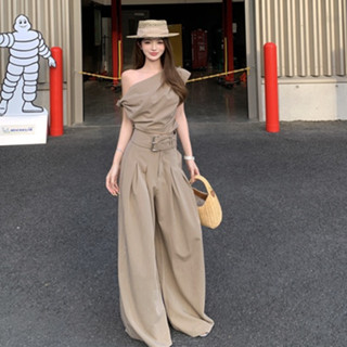 韓版夏季新品街頭潮流卡其色時尚套裝女裝緊身斜領露肩短袖上衣+高腰闊腿長褲兩件套