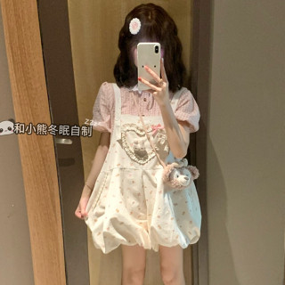學院風夏季新品旅行度假時尚套裝女裝粉色格紋圓領短袖襯衫+卡通印花連身短褲兩件套