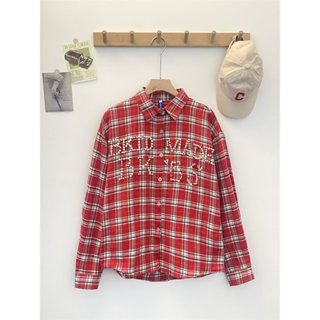 美式潮牌復古紅色格子襯衫 春夏長袖防曬襯衫 設計感寬鬆情侶外套