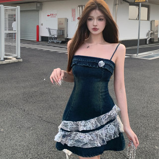 韓版夏季新品街頭潮流深藍色牛仔吊帶洋裝女裝緊身不規則蕾絲拼接立體花裝飾無袖A字洋裝