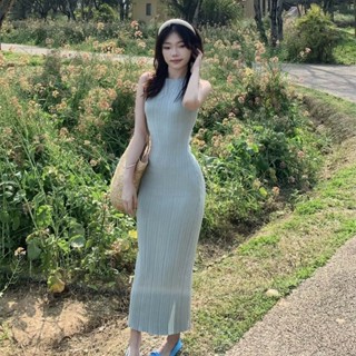 韓版夏季新品旅行度假時尚藍色針織長裙女裝圓領無袖中長款緊身洋裝