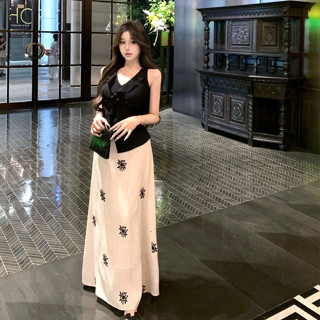 韓版夏季新品聚會派對時尚套裝女裝緊身性感黑色V領無袖上衣+高腰中長款印花A字半身裙兩件套