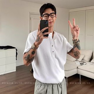 亨利領針織短袖男 夏季老錢風肌理感t恤男 美式素色寬鬆短袖上衣男M-3XL