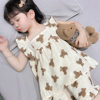 D0513公主風印花吊帶睡衣 女童夏季新款可愛短款家居服 中國風套裝可外穿睡衣 女童睡衣新款薄款兒童睡衣