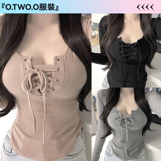 ❥O.TWO.O服裝❥ 純欲風上衣女顯胸抽繩2025春秋季小心機打底衫弧形緊身長袖T恤女