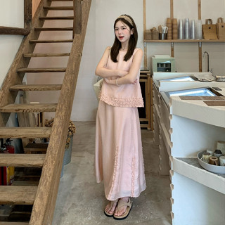 韓版夏季新品休閒時尚粉色套裝女裝款圓領無袖上衣+高腰中長款A字半身裙兩件套