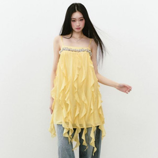 韓版夏季新品旅行度假黃色雪紡吊帶洋裝女裝寬鬆流蘇飄帶亮片珍珠裝飾無袖A字洋裝