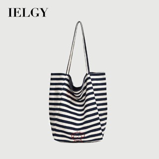 IELGY 條紋雙面刺繡包 韓版學院風字母托特包 休閒大容量