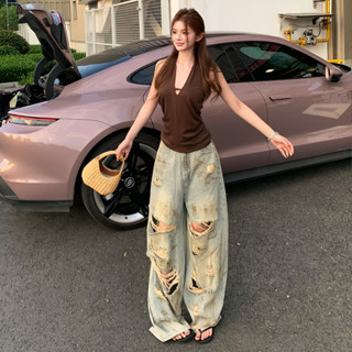 美式夏季新品街頭潮流時尚套裝女裝緊身掛脖露背V領吊帶上衣+高腰潑墨做舊破洞牛仔寬褲兩件套