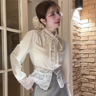 【可可家女裝店】春秋 法式 打底 蕾絲 拼接 別緻 襯衫 宮廷 設計 襯衫 泡泡 喇叭 上衣