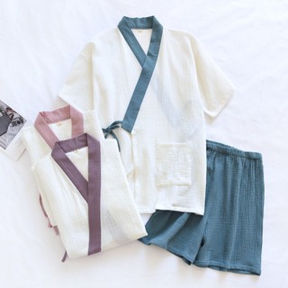 日系和服女士睡衣短袖短褲兩件式 100%純棉縐布和服拼色包邊短袖睡衣抽繩 夏季和服 夏季汗蒸衣 短褲浴袍套裝