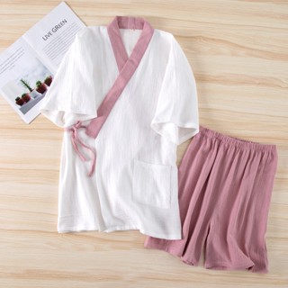 【現貨】日系漢服和服睡衣女純棉紗布夏薄款短袖短褲抽繩家居服套裝汗蒸服