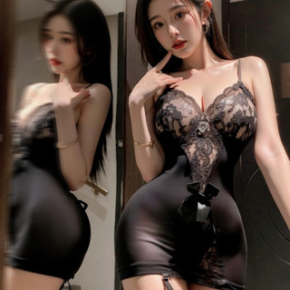 ▲Resistu 情趣內衣qqny 性感吊帶襪蕾絲絲襪 黑色蕾絲連身短裙 大尺碼透明純欲居家睡裙 免脫戰袍 激情套裝
