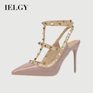 IELGY 漆皮高跟鞋10cm細高跟純色鉚釘鏤空羅馬涼鞋女