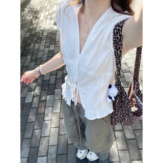法式白色蕾絲花邊抽繩短袖襯衫女夏季緊身上衣
