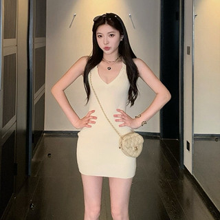 韓版夏季新品聚會派對性感針織洋裝女裝彈力V領無袖包臀洋裝