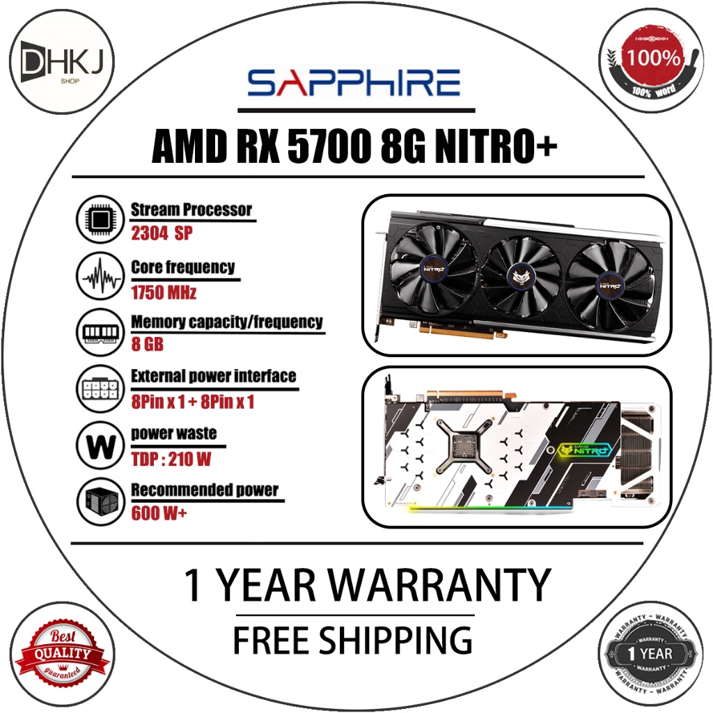二手藍寶石 AMD RX 5700 NITRO+ 8GB GDDR6 256 位遊戲 GPU 顯卡 1 年保修