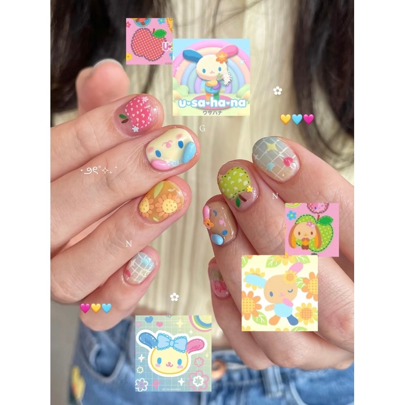 Usahana卡通穿戴甲ins短版彩色立體手繪美甲貼片冰淇淋童趣美甲