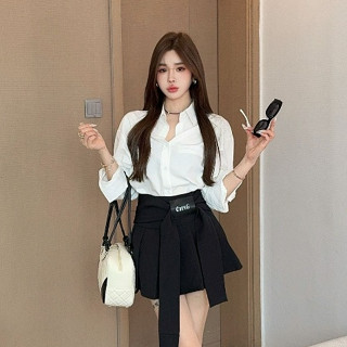 韓版秋季新品街頭潮流時尚套裝女裝寬鬆白色翻領長袖襯衫+高腰百褶半身裙兩件套