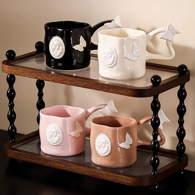 法式輕奢浮雕蝴蝶馬克杯 300ml大容量陶瓷杯 立體浮雕釉下彩工藝 早午餐杯咖啡杯禮物推薦