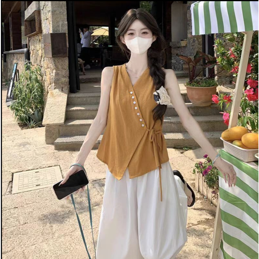 法式小資無袖上衣 女獨特漂亮掐腰襯衫 夏日多巴胺新中式輕國風穿搭