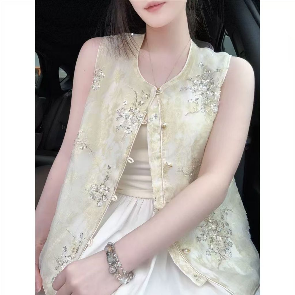 【織金紗】新中式手工馬甲串珠亮片繡花重工薄款透氣精緻氣質百搭