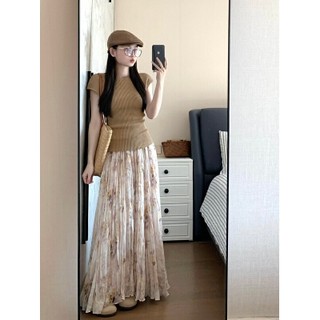 韓版夏天新款街頭潮流時尚套裝女裝顯瘦彈性圓領短袖針織上衣+高腰印花中長款A字半身裙兩件套