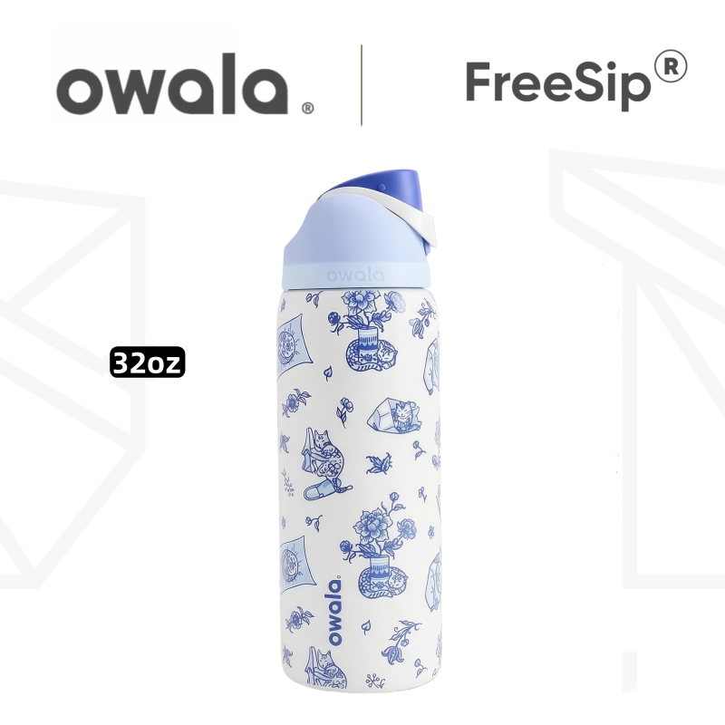 Owala FreeSip 32 盎司保溫水瓶 - 帶 Delft Cat 藍白瓷設計的防漏不銹鋼燒瓶,適合遠足、露營、