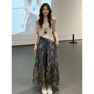 中國夏天新款街頭潮流時尚套裝女裝顯瘦寬鬆圓領短袖針織上衣+高腰印花雪紡中長款A字半身裙兩件套
