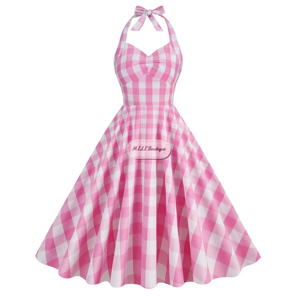 MILI現貨 法式赫本風英倫復古棉洋裝 芭比Barbie粉色 Retro格紋3色A字高腰顯瘦傘擺洋裝 大尺碼洋裝