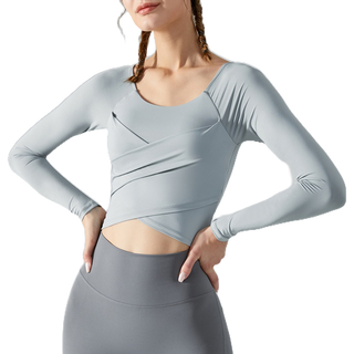 新款瑜伽服 長袖 可拆卸胸墊 交叉褶皺健身服 緊身顯瘦運動上衣 瑜伽長袖