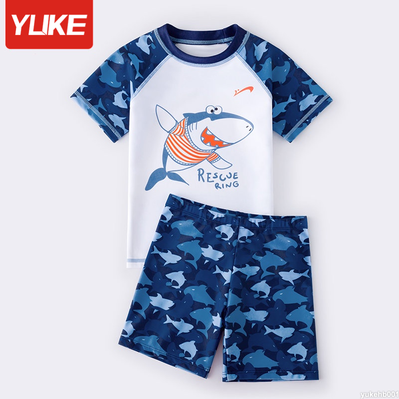 YUKE 兒童泳衣 男童泳衣 兩件式泳衣 小中大童新款卡通可愛鯊魚速乾透氣學生保守防曬泳衣 泳裝 現貨