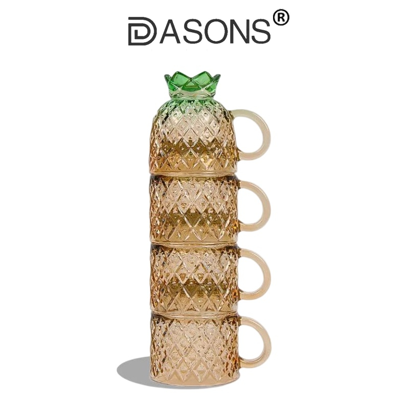 DASONS 玻璃杯 超值4只裝 飲料杯 果汁杯 創意鳳梨杯 輕奢彩色玻璃杯套裝組合疊疊杯 ins風簡約水杯杯把