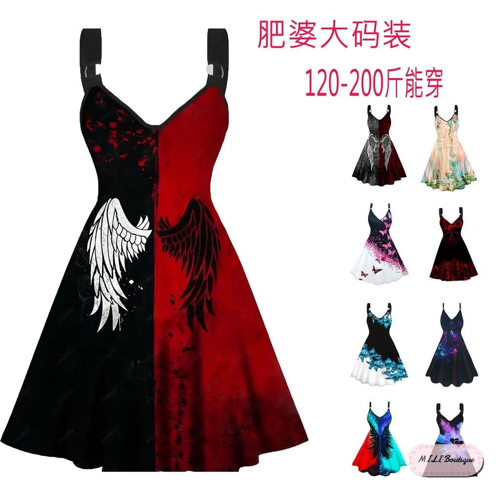 6色現貨 XL-5XL萬聖節cosplay派對禮服洋裝 Halloween大尺碼哥特風洋裝 吊帶翅膀印花傘擺洋裝