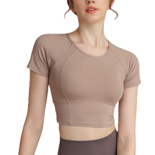 新款瑜伽服 罩衫 運動緊身衣 短袖t恤 女緊身短版短袖 裸感速乾健身服 短板上衣