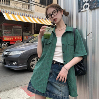 夏季復古綠色格子襯衫女寬鬆顯瘦襯衫短袖上衣外套