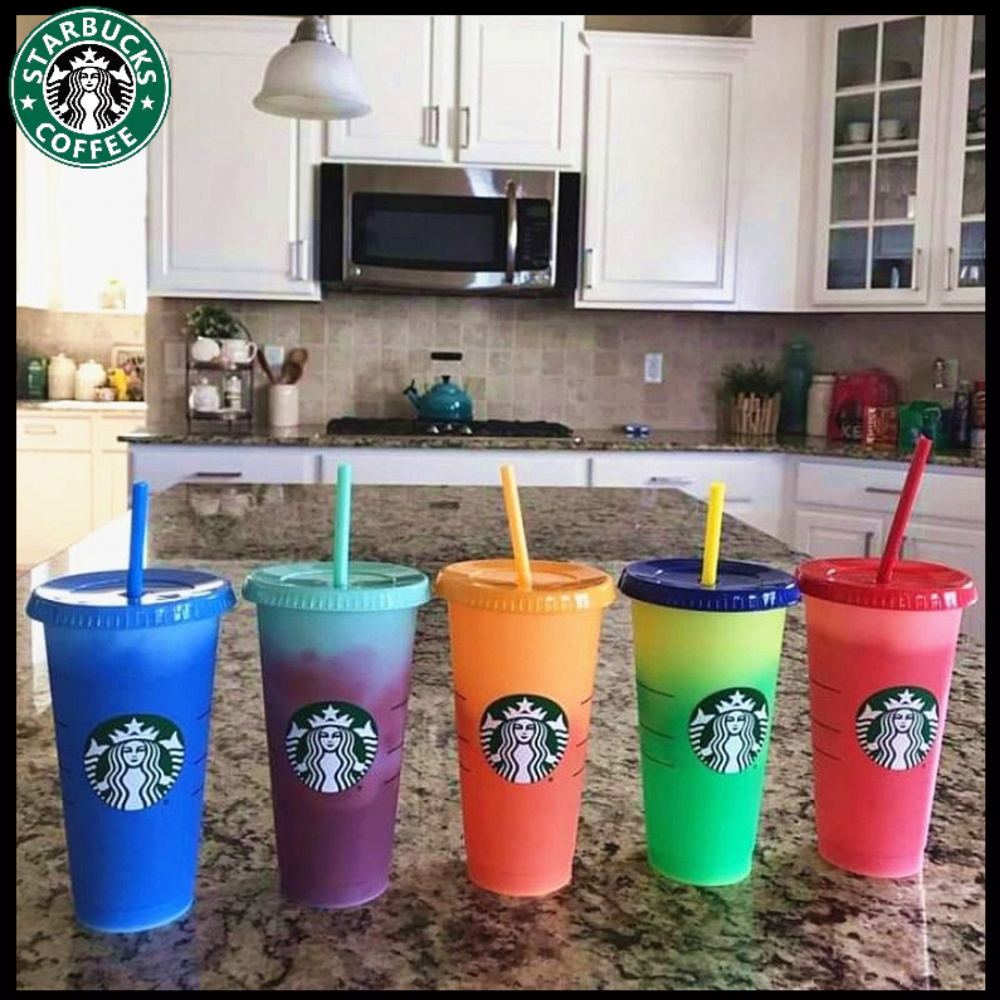 STARBUCKS 星巴克創意水杯吸管杯塑料可重複使用冷杯變色夏季高品質