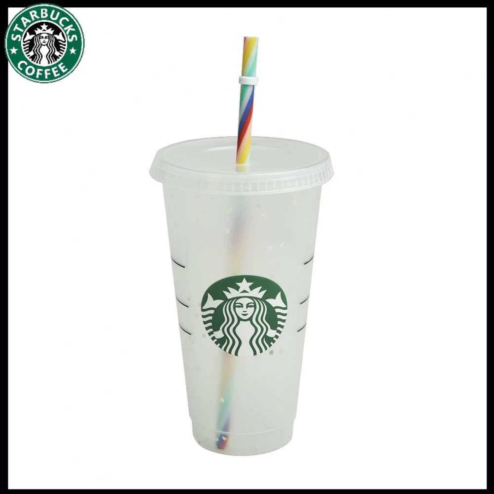 STARBUCKS 1x 吸管杯 700ml 透明色 + 彩虹吸管可重複使用星巴克塑料吸管杯帶蓋水瓶