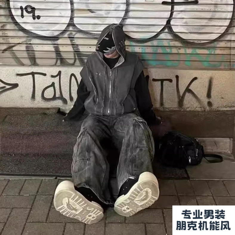 THUG CLUB VIBE水洗金屬拉鍊蒙面忍者連帽小外套短版背心男潮牌外套