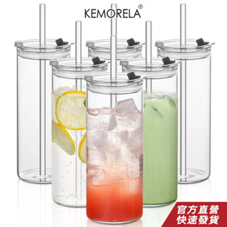 KEMORELA 6 件裝 18 盎司大號圓形玻璃杯帶蓋和吸管 – 用於冰咖啡、果汁、冰沙的透明玻璃杯 – 可重複使用、