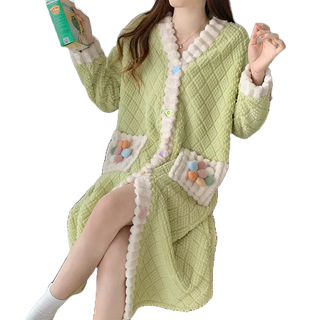 ✨限時特價✨珊瑚絨 秋冬季 睡裙長款 睡袍女 花連衣裙 加絨加厚 法蘭絨 浴袍 睡衣外套女 加厚保暖 長袖v領 簡約百搭