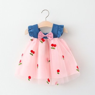 嬰兒連衣裙夏季韓式牛仔網眼連衣裙女嬰刺繡公主裙