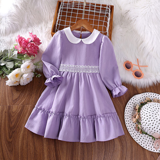 女童洋裝兒童紫色娃娃領長袖洋裝