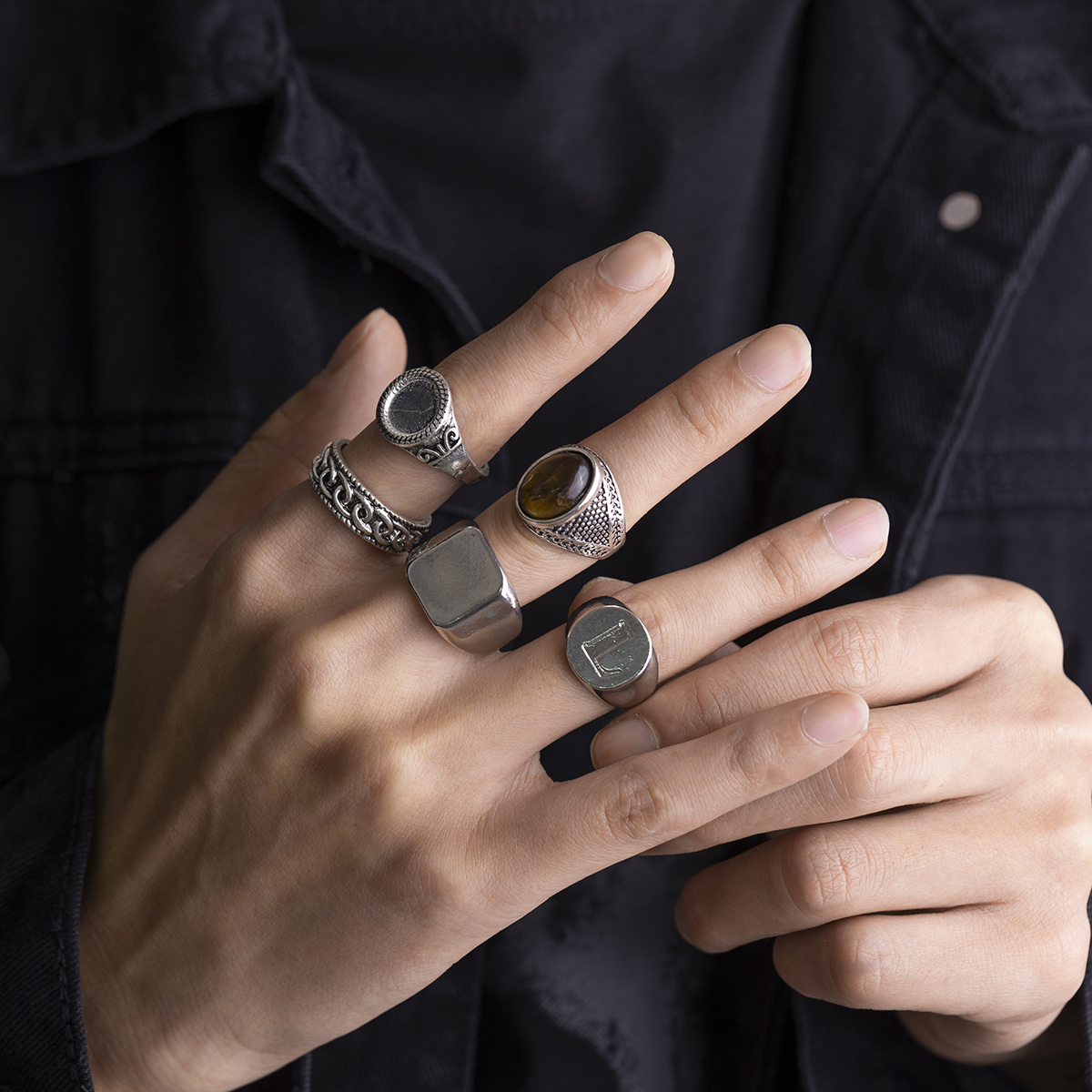 5 件/套復古圓形和方形幾何戒指男士時尚酷男孩手指戒指手飾配飾 2023 年時尚日常個性裝飾男禮物